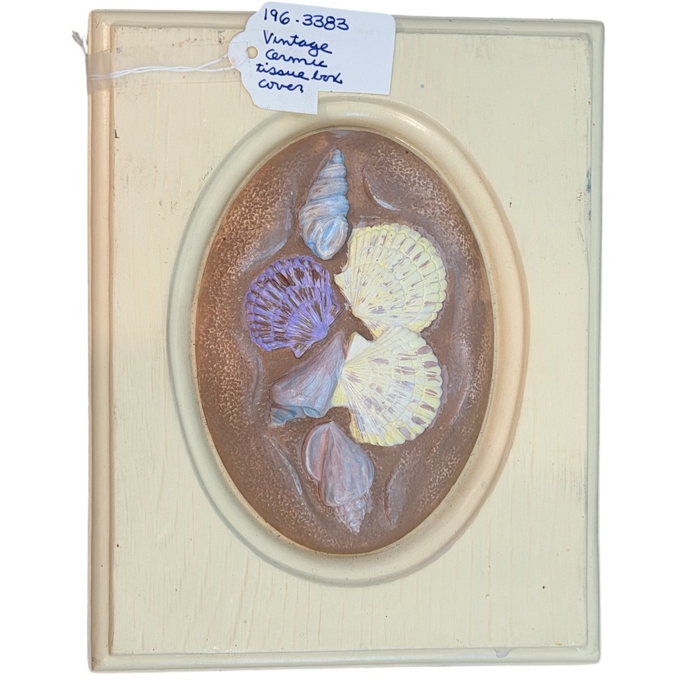 Vintage Ceramic Tissue Box Cover Lid Seashell 3D Coastal Cream Beach Decor Boho‎